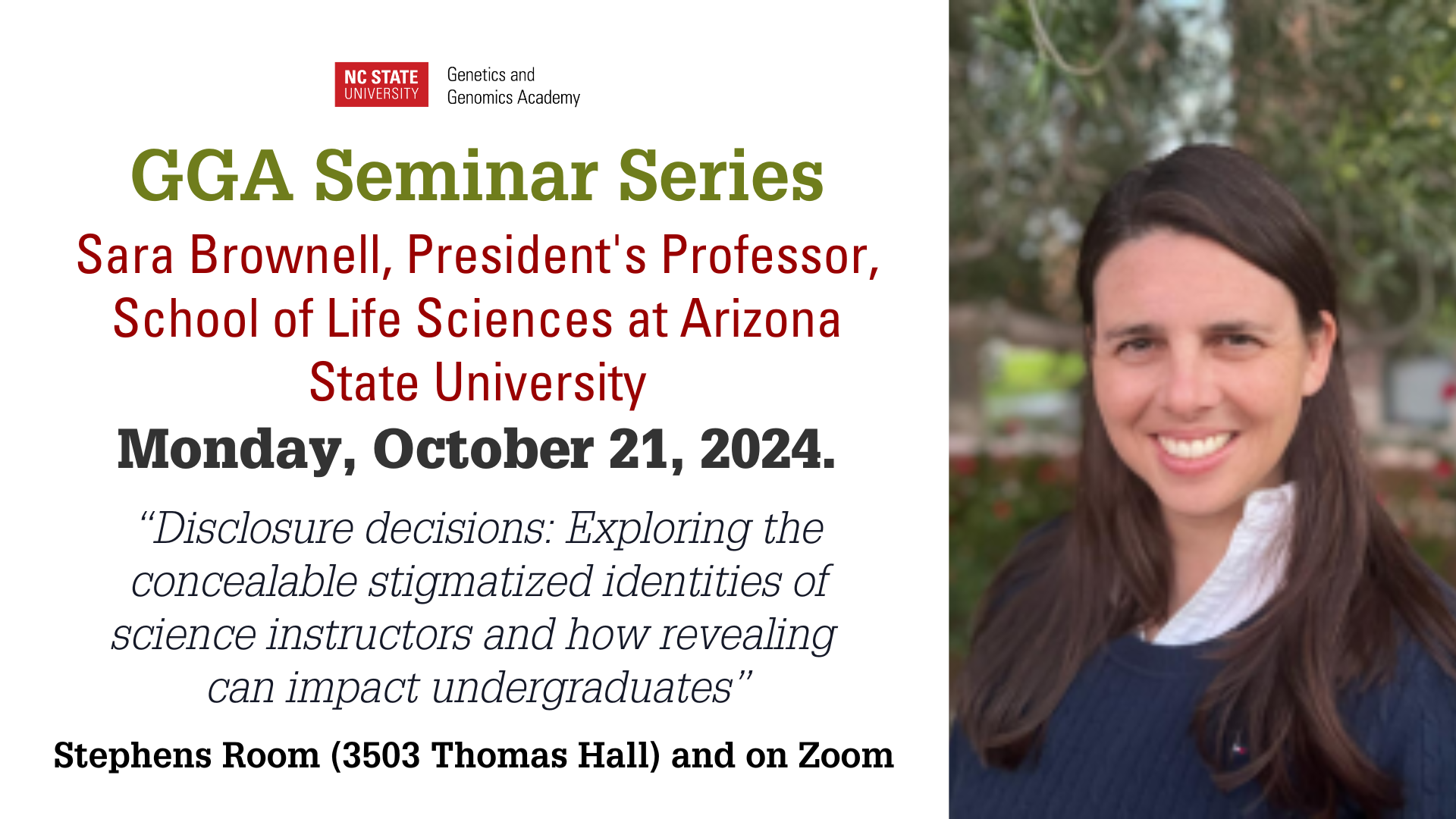 Flyer for seminar speaker Sara Brownell.