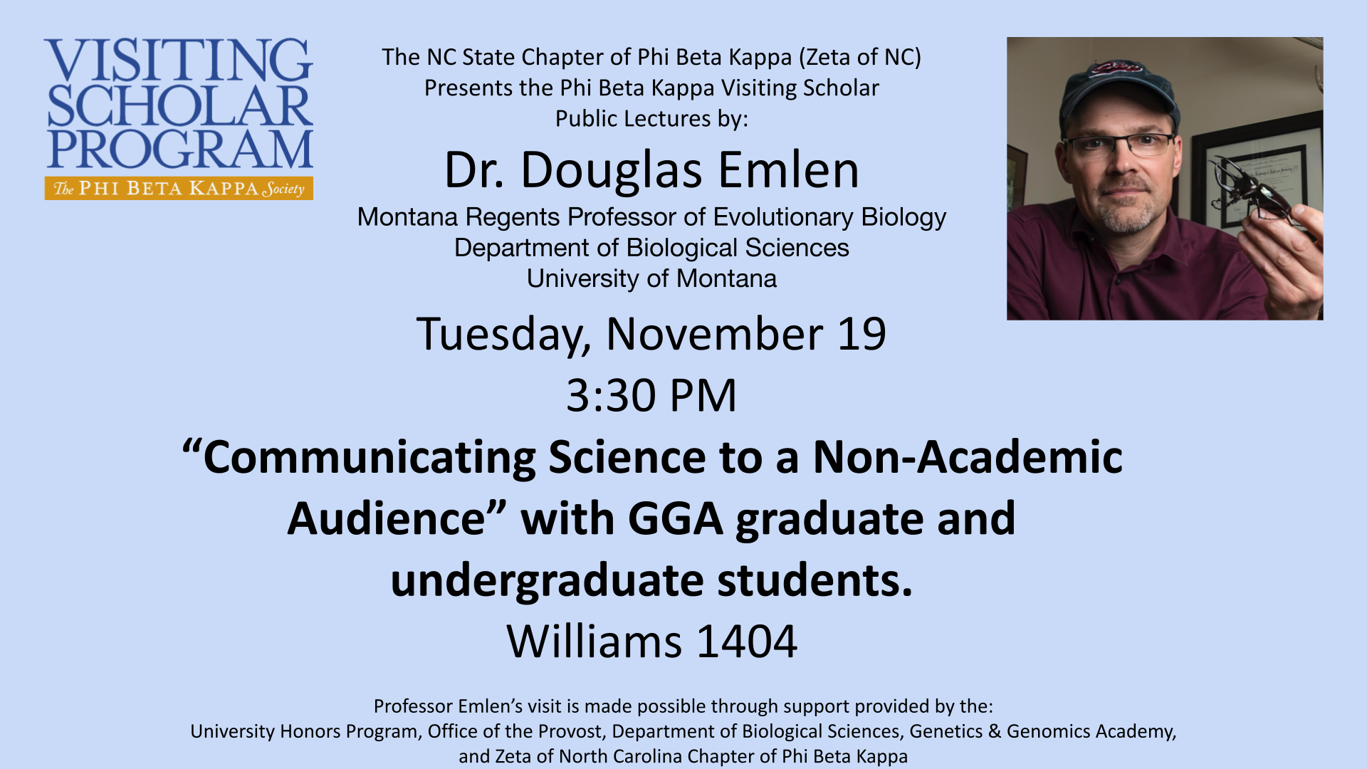 Flyer for Phi Beta Kappa speaker Douglas Emlen.