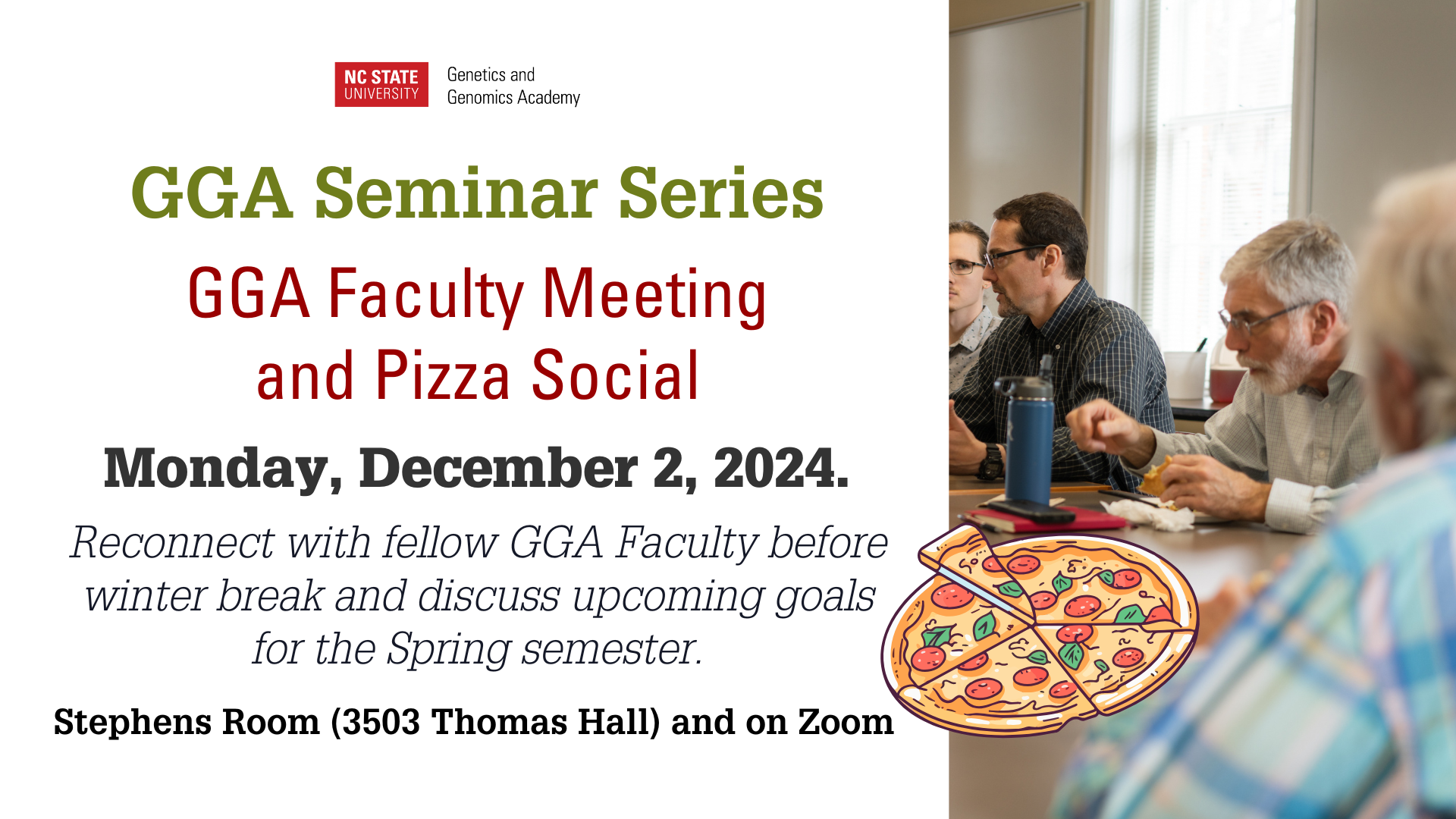 Flyer for Faculty Meeting and Pizza Social.