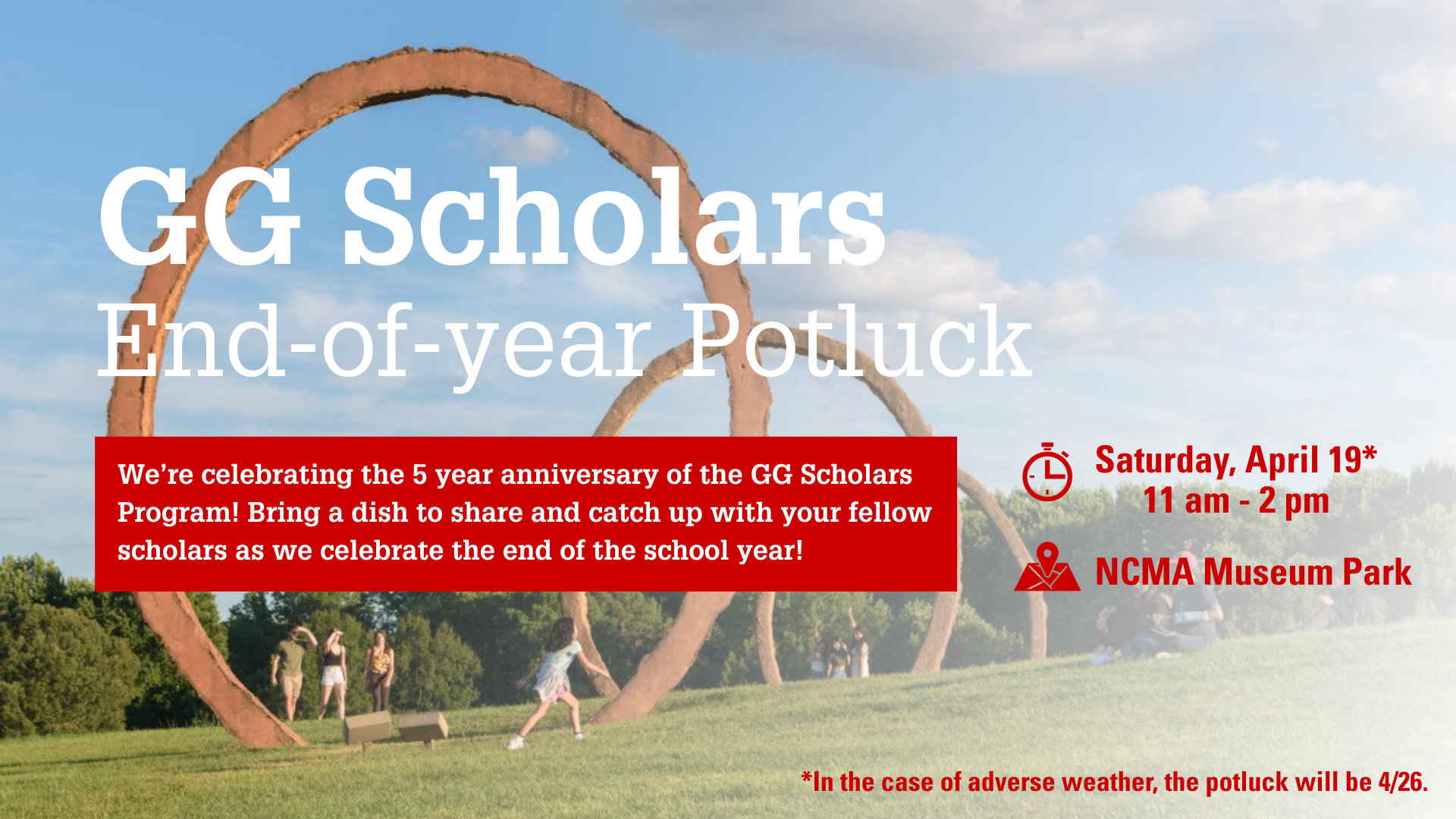 Flyer for GGS Potluck with NCMA rings in the background.